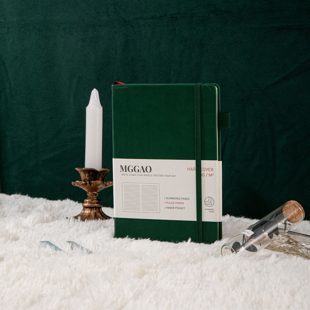 MGGAO A5 Green Vegan Leather Notebook on Desk with Pen, Premium Journal for Daily Writing
