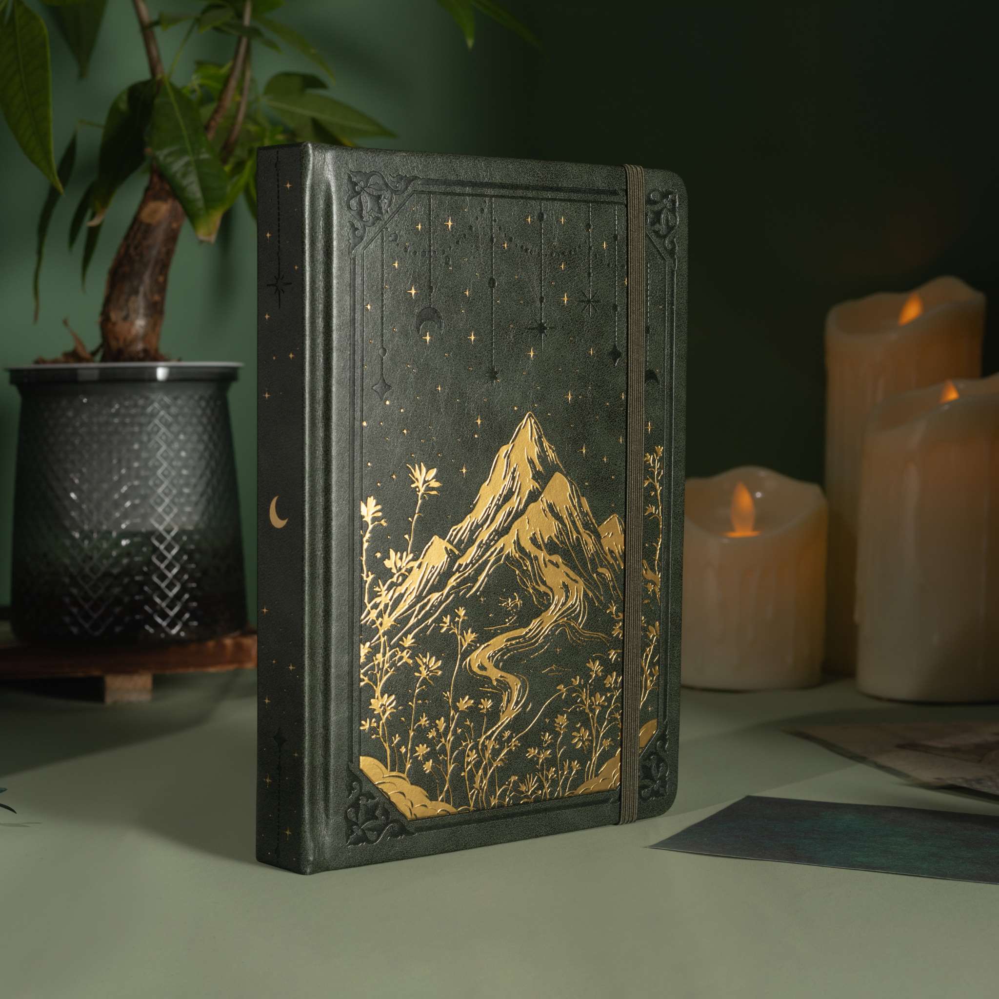 A5 Green Vegan Leather Mountain Notebook | Matte Gold Hardcover