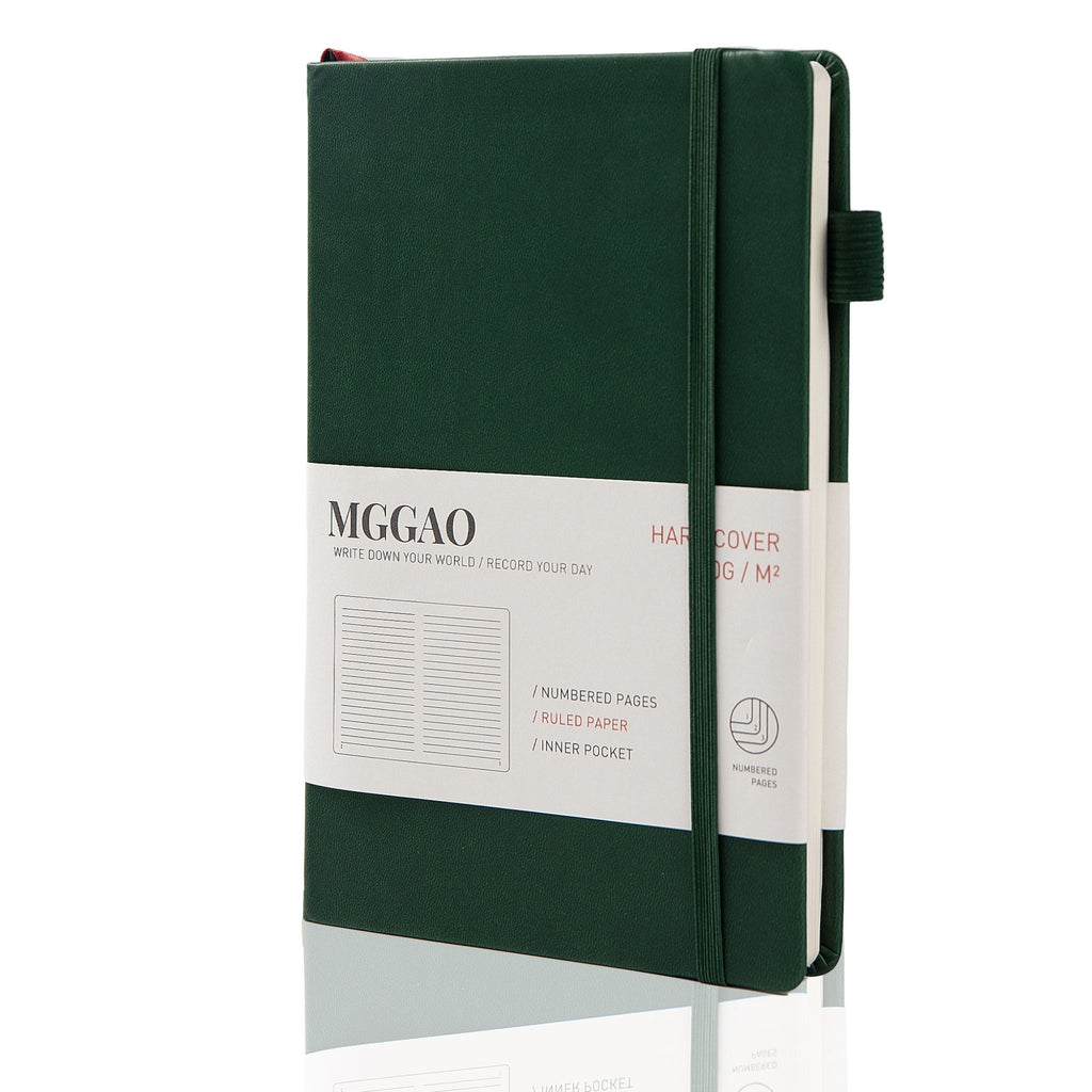 MGGAO A5 Green Vegan Leather Notebook Standing on Desk, Hardcover Journal with Elastic Closure
