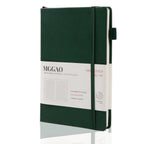 MGGAO A5 Green Vegan Leather Notebook Standing on Desk, Hardcover Journal with Elastic Closure