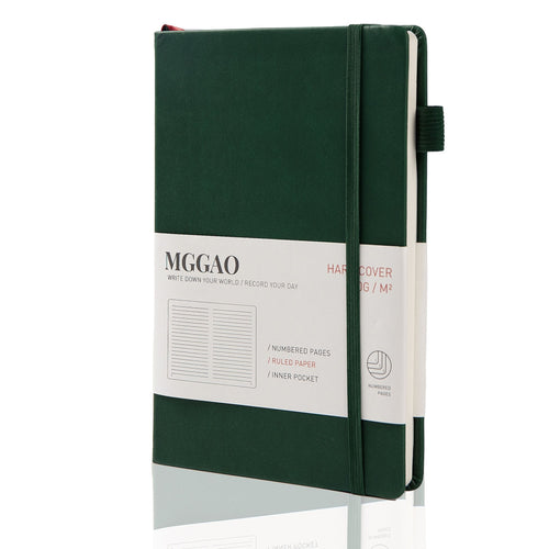 MGGAO A5 Green Vegan Leather Notebook Standing on Desk, Hardcover Journal with Elastic Closure