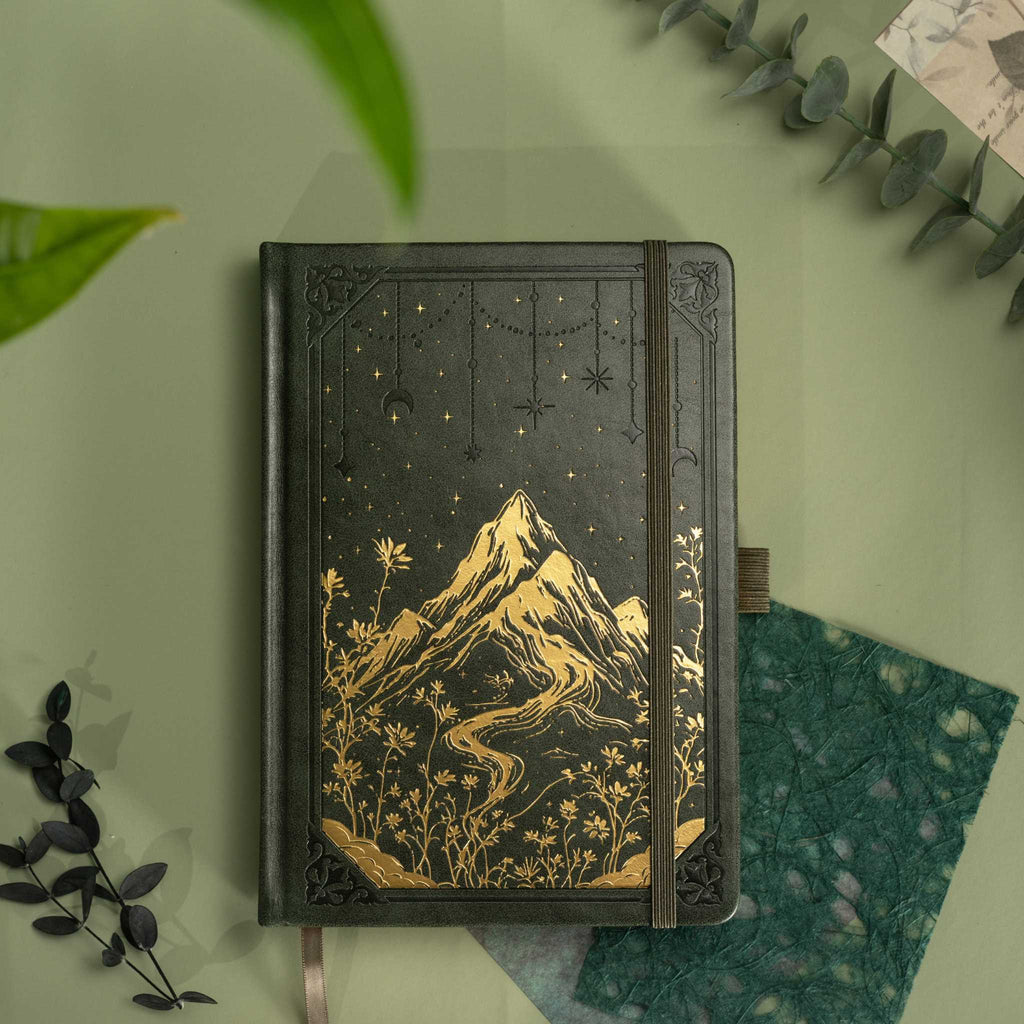 A5 Green Vegan Leather Mountain Notebook | Matte Gold Hardcover