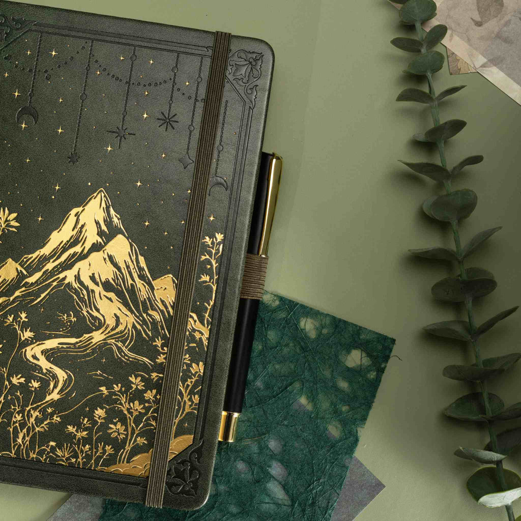 A5 Green Vegan Leather Mountain Notebook | Matte Gold Hardcover