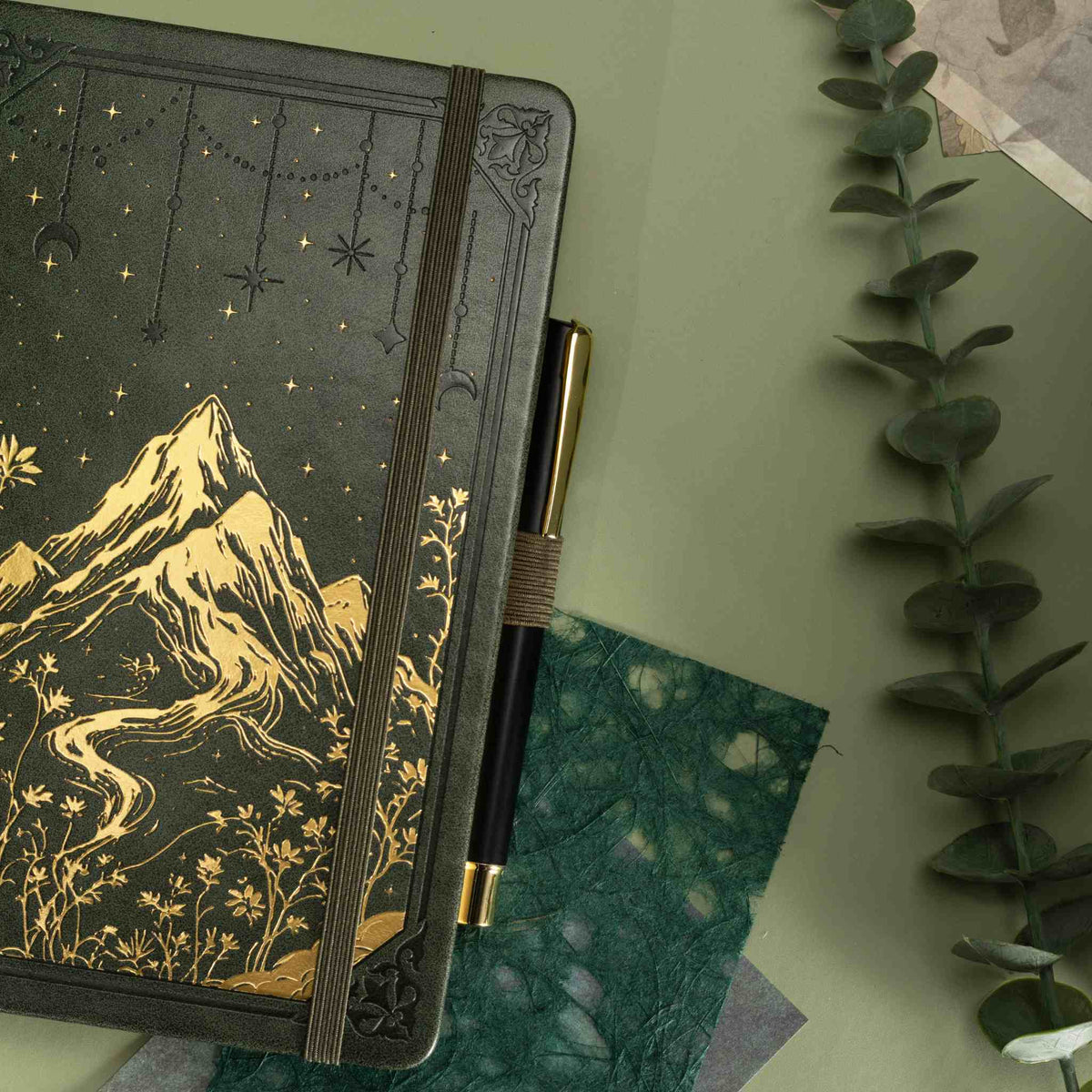 A5 Green Vegan Leather Mountain Notebook | Matte Gold Hardcover