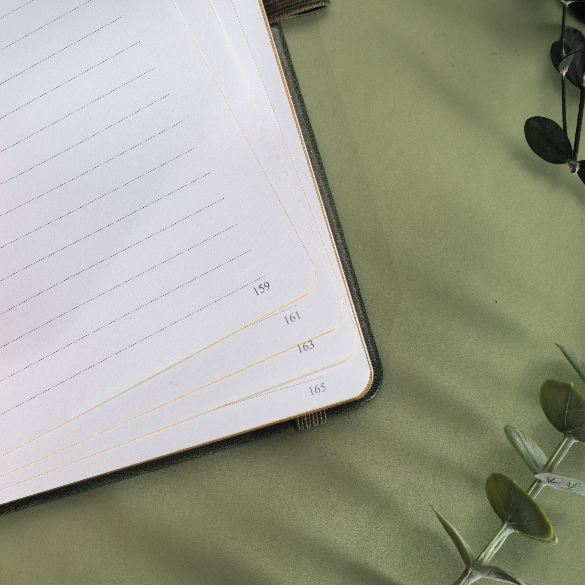 Close-up of the inner page corner of the dark green vegan leather notebook, showcasing layered lined paper with gold borders, corner page numbers, and a dark green leather edge, styled with botanical shadows.