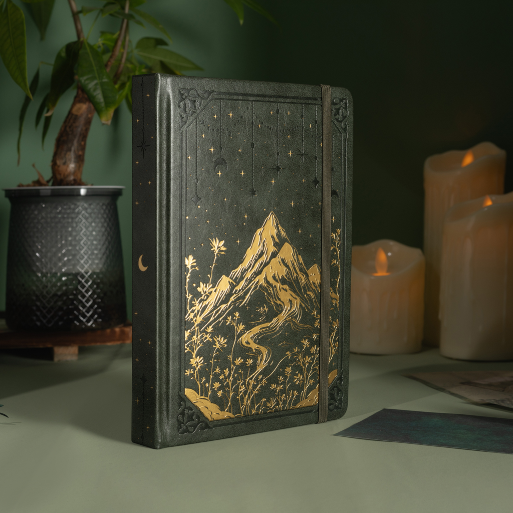 Angled side view of the dark green vegan leather notebook, showcasing the gold foil mountain cover, gold gilded page edges, and matching green elastic band, styled with a potted plant and warm candlelight.