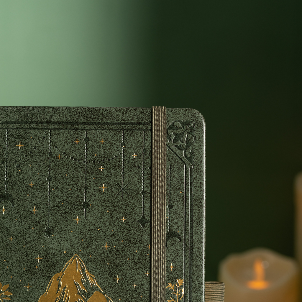 Close-up detail of the dark green vegan leather notebook cover, showcasing the embossed star and moon design, gold foil mountain peaks, intricate corner border, and a matching green elastic band, with a soft candle glow in the background. 