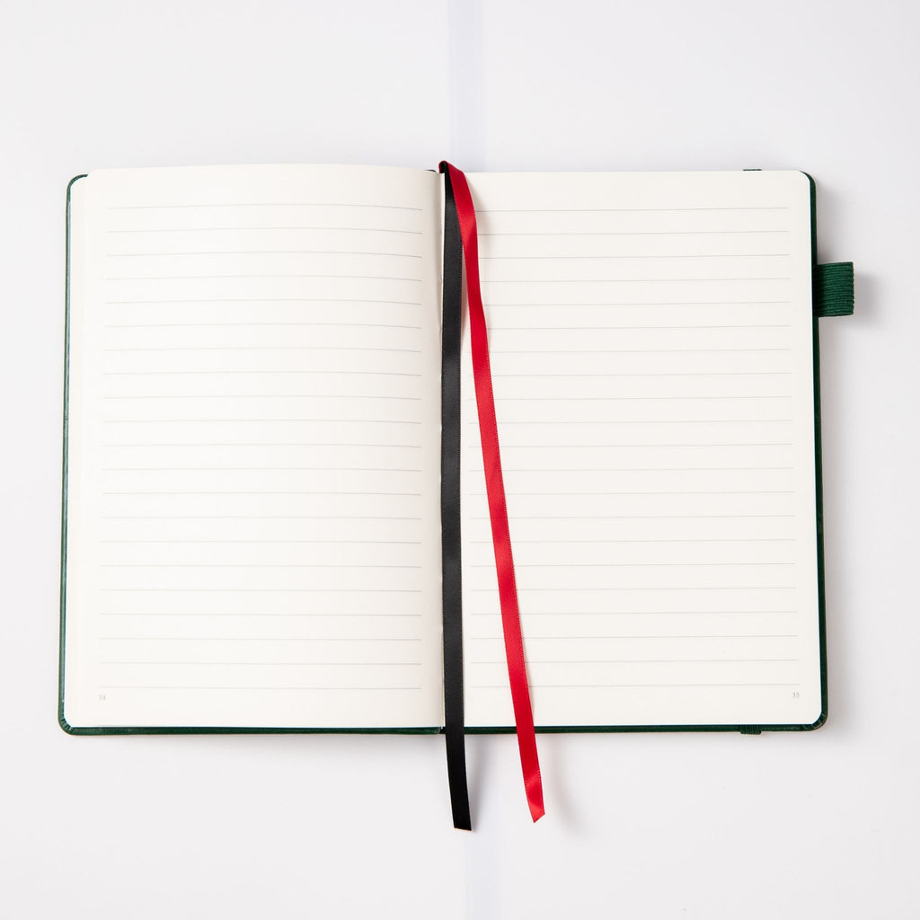 MGGAO A5 Green Vegan Leather Notebook Lay-flat, 9mm Ruled Lined Paper with Dual Ribbon Bookmarks