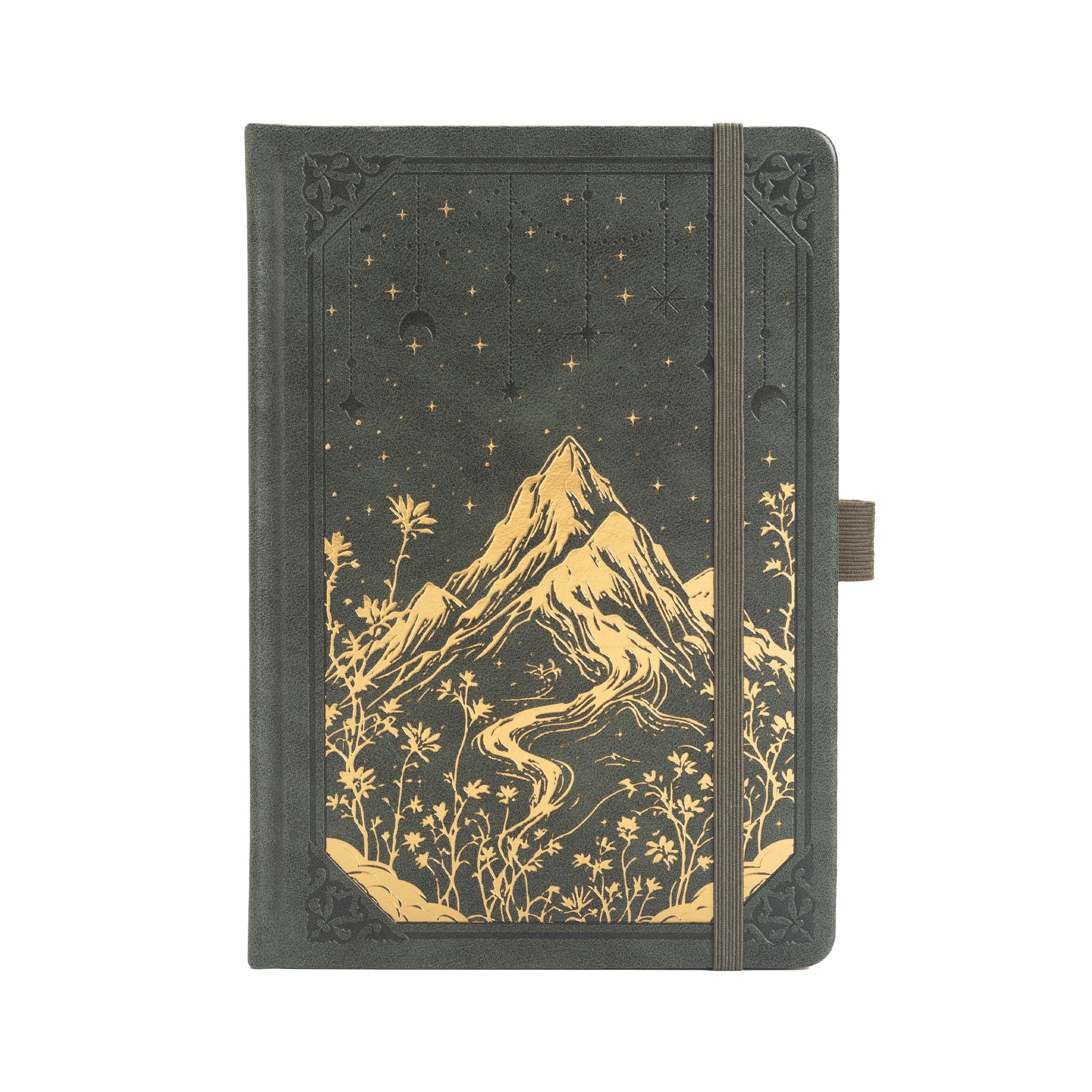 A5 Green Vegan Leather Mountain Notebook | Matte Gold Hardcover