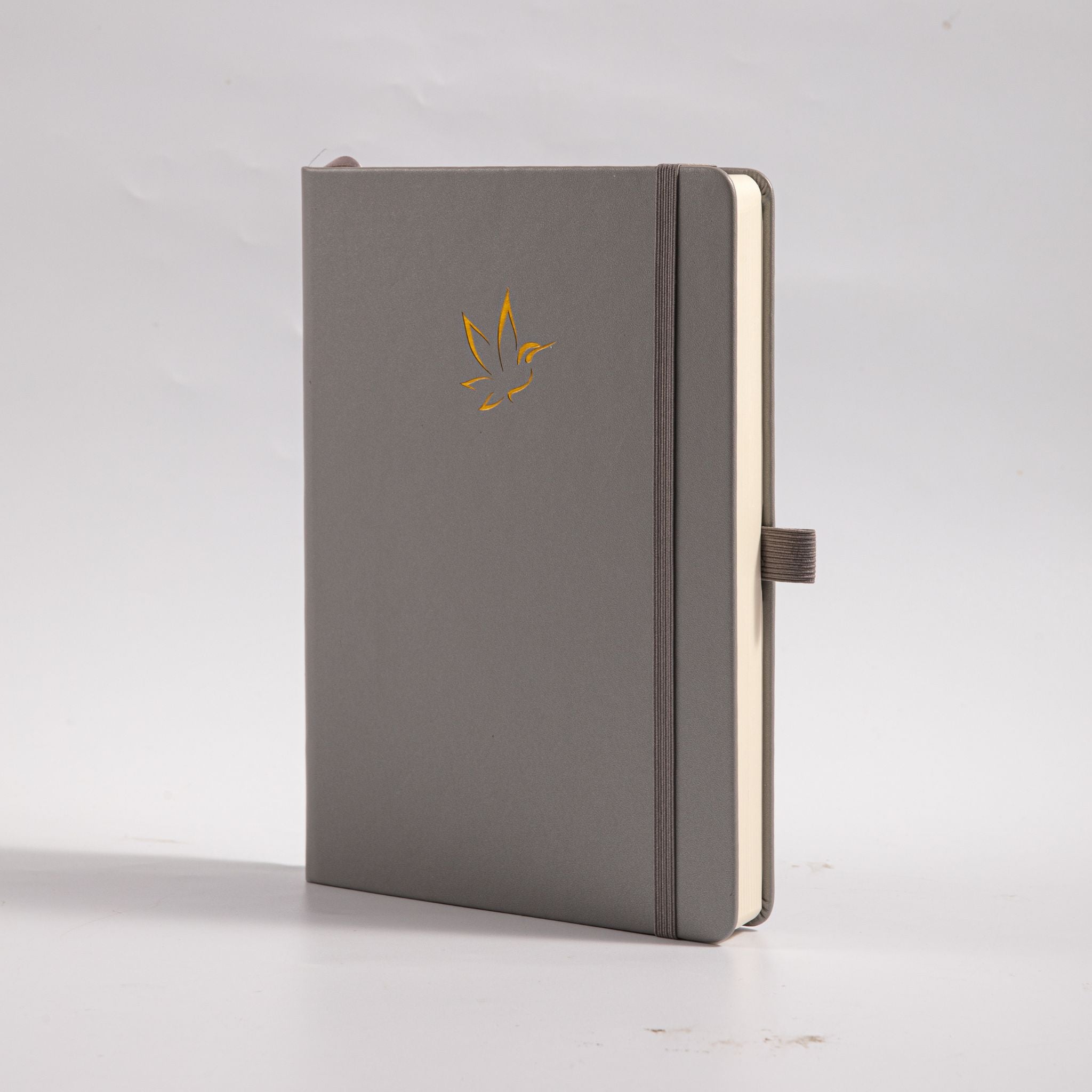 A5 Grey Vegan Leather Hummingbird Notebook, White Background Side View with Pen Loop