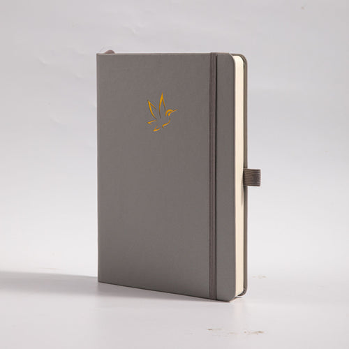 A5 Grey Vegan Leather Hummingbird Notebook, White Background Side View with Pen Loop