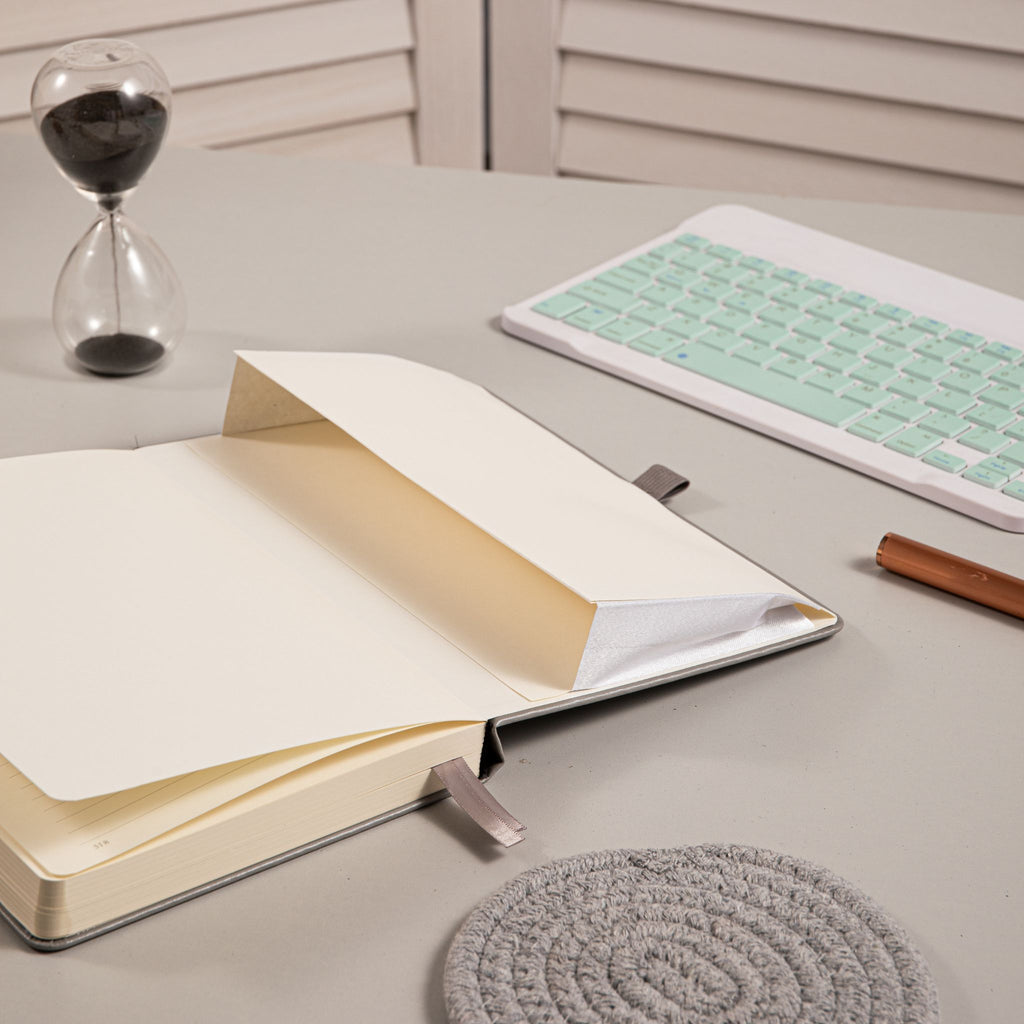 A5 Grey Vegan Leather Hummingbird Notebook Lay-flat, 180 Degree Open Design with Inner Pocket