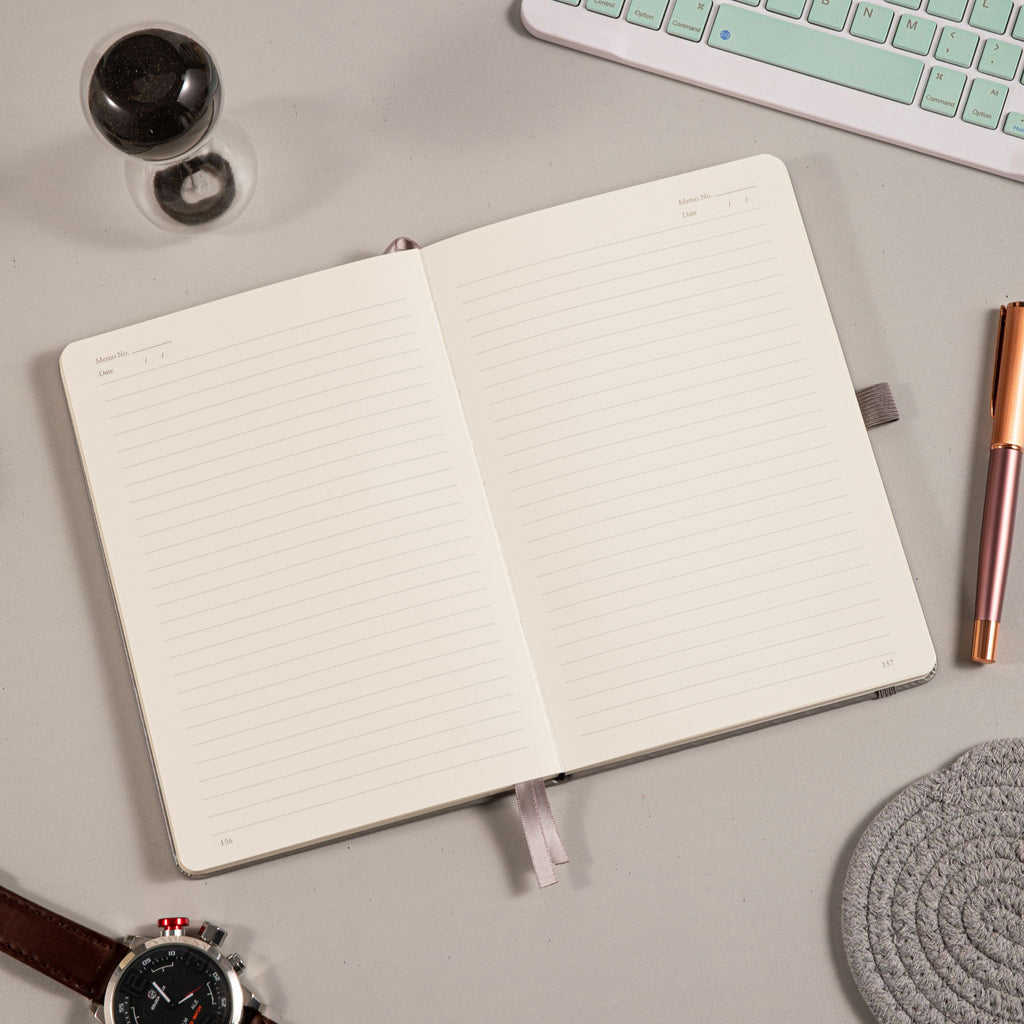A5 Grey Vegan Leather Hummingbird Notebook Open, Numbered Pages with Date Headers and 7mm Ruled Lines