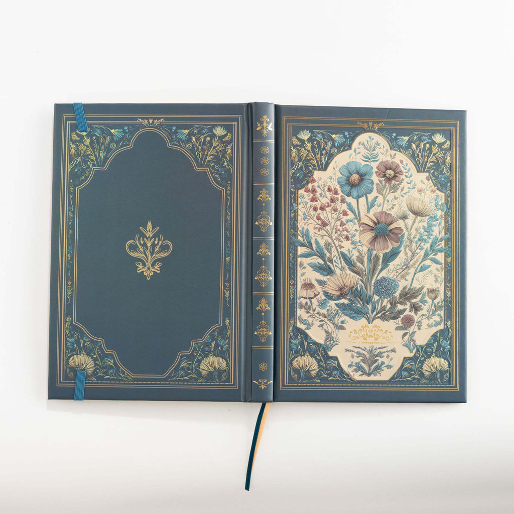 A5 Indigo Blue Floral Cameo Hardcover Notebook Open, Two-Tone Ribbon Bookmark Detail