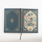 A5 Indigo Blue Floral Cameo Hardcover Notebook Open, Two-Tone Ribbon Bookmark Detail
