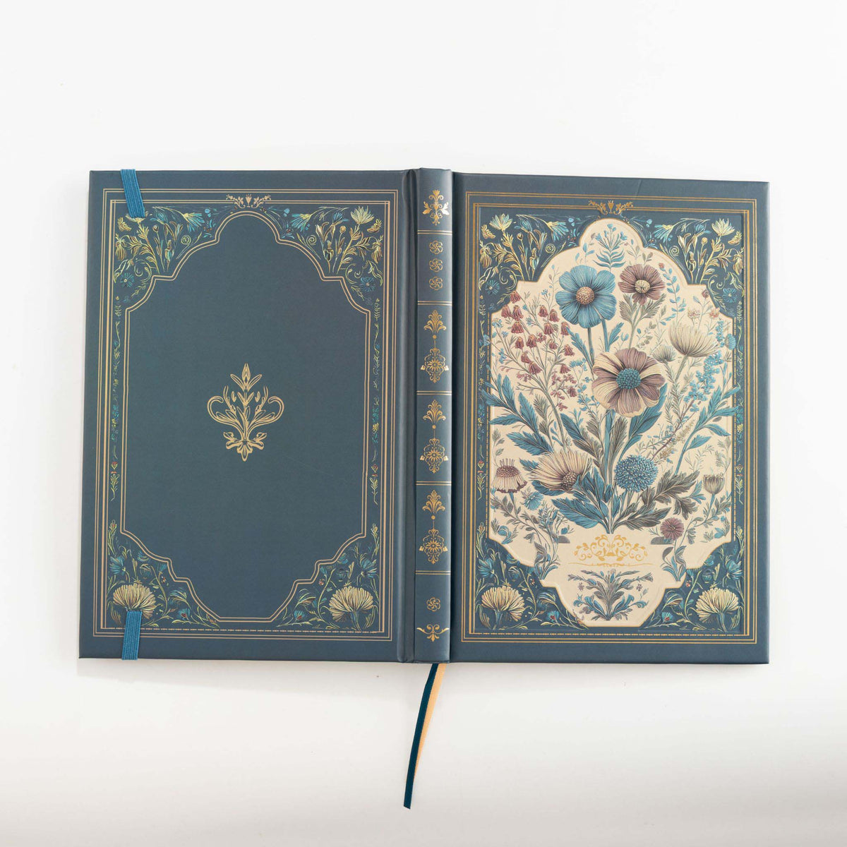 A5 Indigo Blue Floral Cameo Hardcover Notebook Open, Two-Tone Ribbon Bookmark Detail