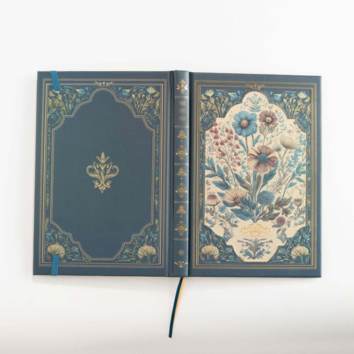 A5 Indigo Blue Floral Cameo Hardcover Notebook Open, Two-Tone Ribbon Bookmark Detail