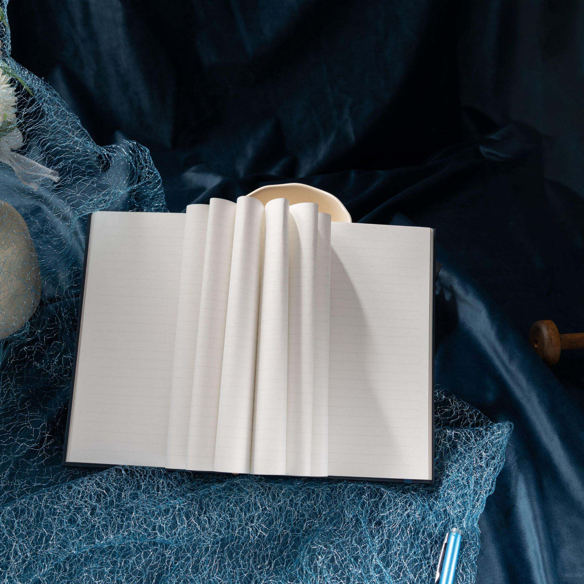 A5 Indigo Blue Floral Cameo Hardcover Notebook Fanned Pages, 192 Pages 7mm Ruled 100gsm Paper