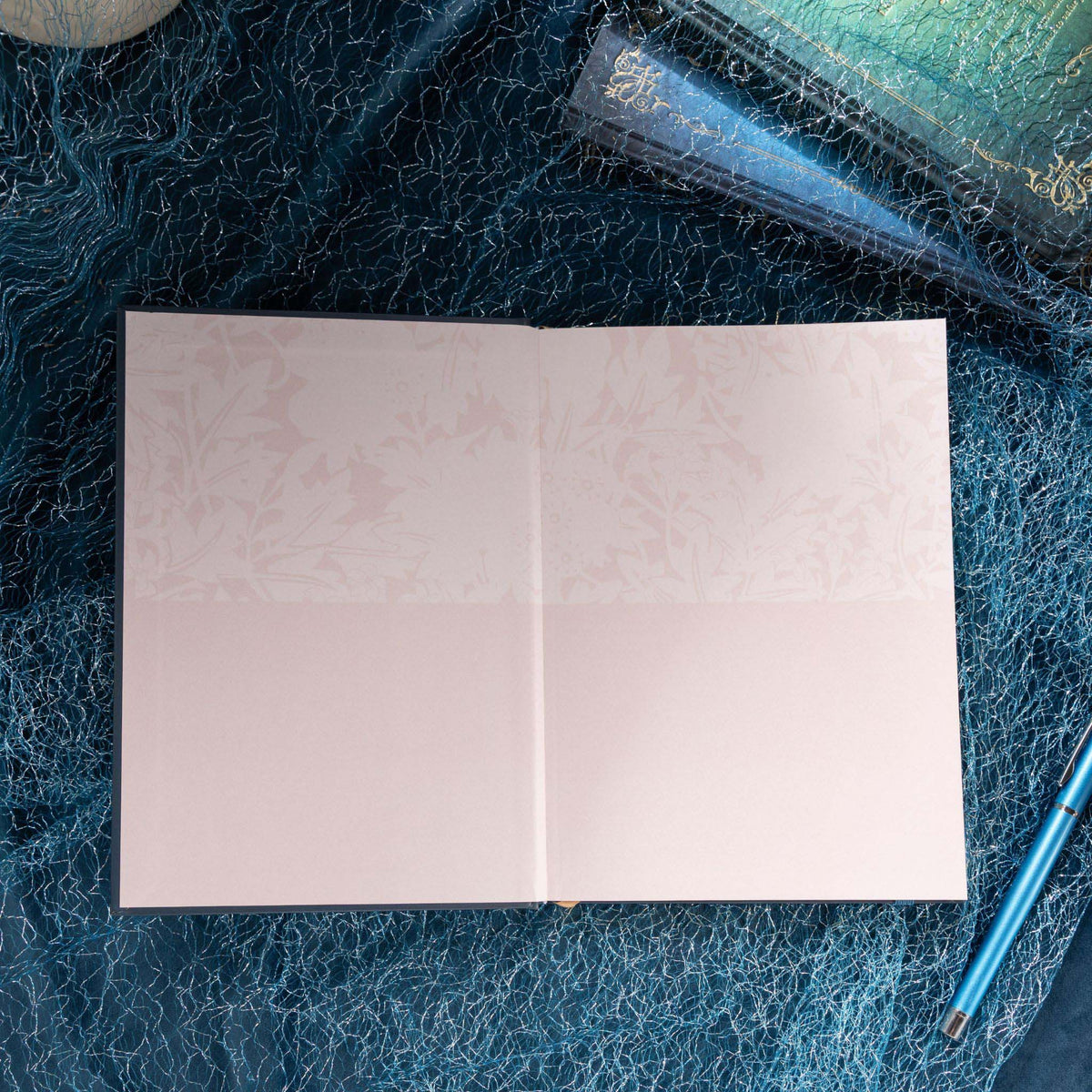 A5 Indigo Blue Floral Cameo Hardcover Notebook Endpaper, Pink Floral Patterned Flyleaf with Pen