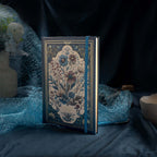 A5 Indigo Blue Floral Cameo Hardcover Notebook on Dark Blue Background with Pen
