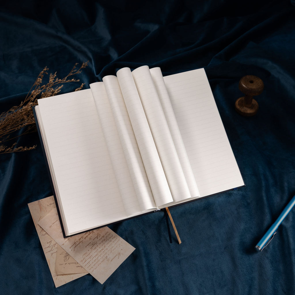 A5 Indigo Blue Floral Tapestry Hardcover Notebook Fanned Pages, 192 Pages 7mm Ruled 100gsm Paper