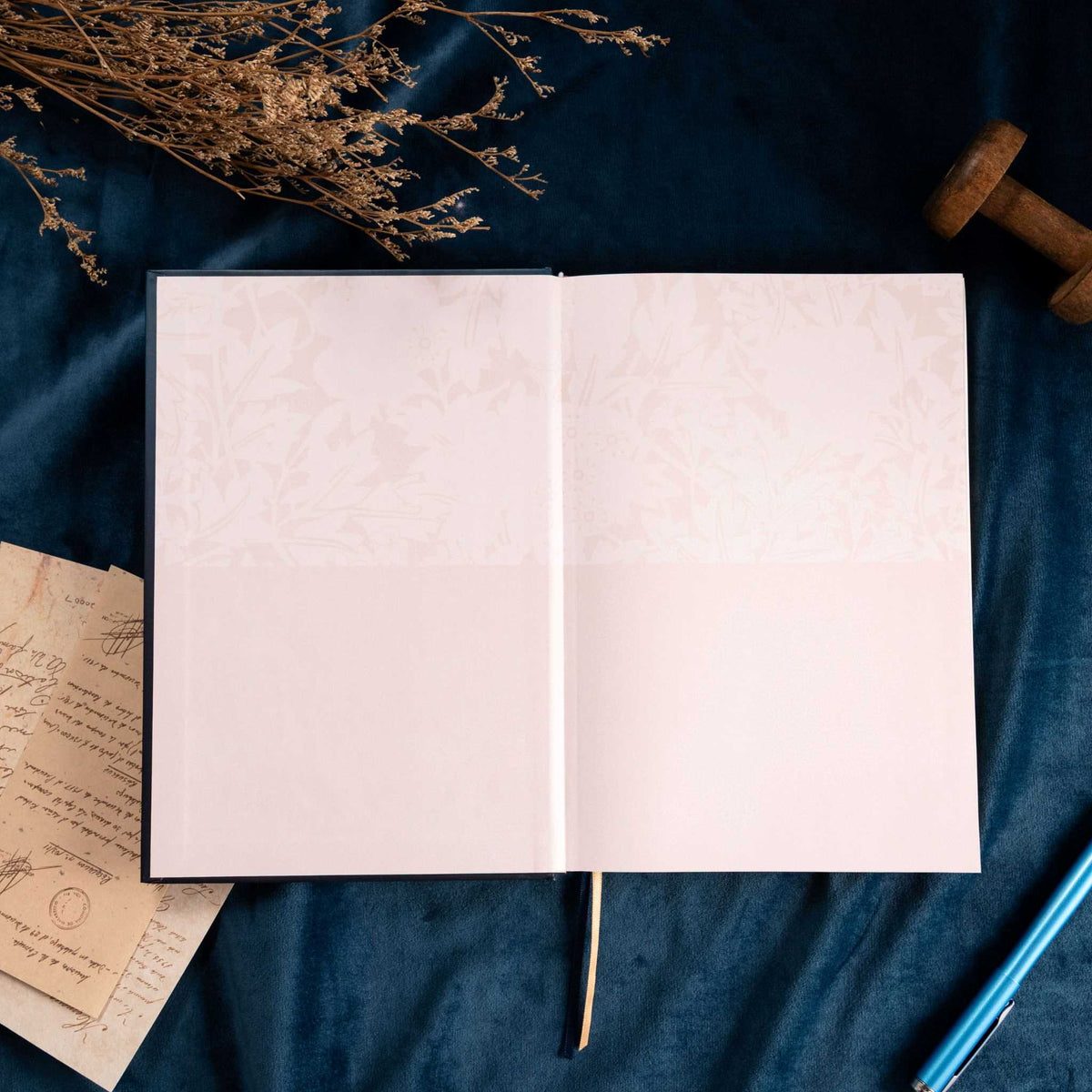 A5 Indigo Blue Floral Tapestry Hardcover Notebook Open, Lined 100gsm Pages with Ribbon Bookmark