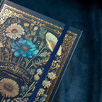 A5 Indigo Blue Floral Tapestry Hardcover Notebook Close-up, Gold Gilded Edges and Floral Detail
