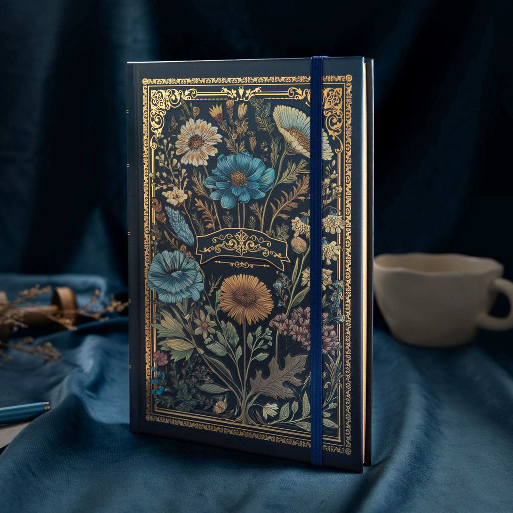 A5 Indigo Blue Floral Tapestry Hardcover Notebook on Dark Blue Background with Coffee Cup