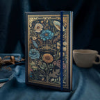 A5 Indigo Blue Floral Tapestry Hardcover Notebook on Dark Blue Background with Coffee Cup