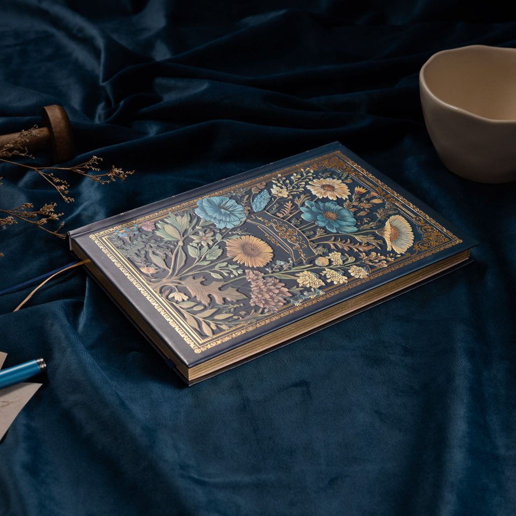 A5 Indigo Blue Floral Tapestry Hardcover Notebook with Gold Gilded Edges on Dark Blue Background
