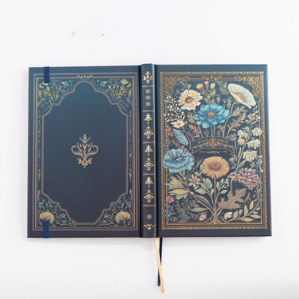 A5 Indigo Blue Floral Tapestry Hardcover Notebook Open, Two-Tone Ribbon Bookmark Detail