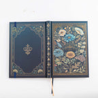 A5 Indigo Blue Floral Tapestry Hardcover Notebook Open, Two-Tone Ribbon Bookmark Detail