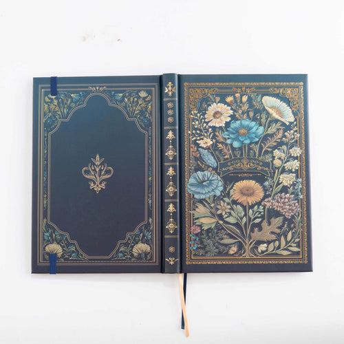 A5 Indigo Blue Floral Tapestry Hardcover Notebook Open, Two-Tone Ribbon Bookmark Detail