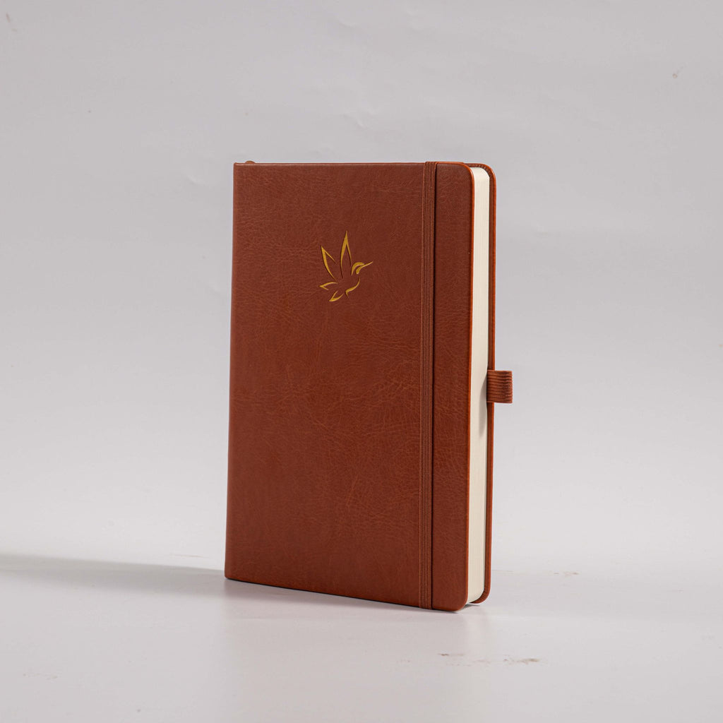 A5 Red Vegan Leather Hummingbird Notebook, White Background Side View with Pen Loop