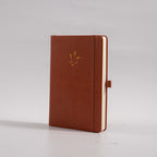 A5 Red Vegan Leather Hummingbird Notebook, White Background Side View with Pen Loop