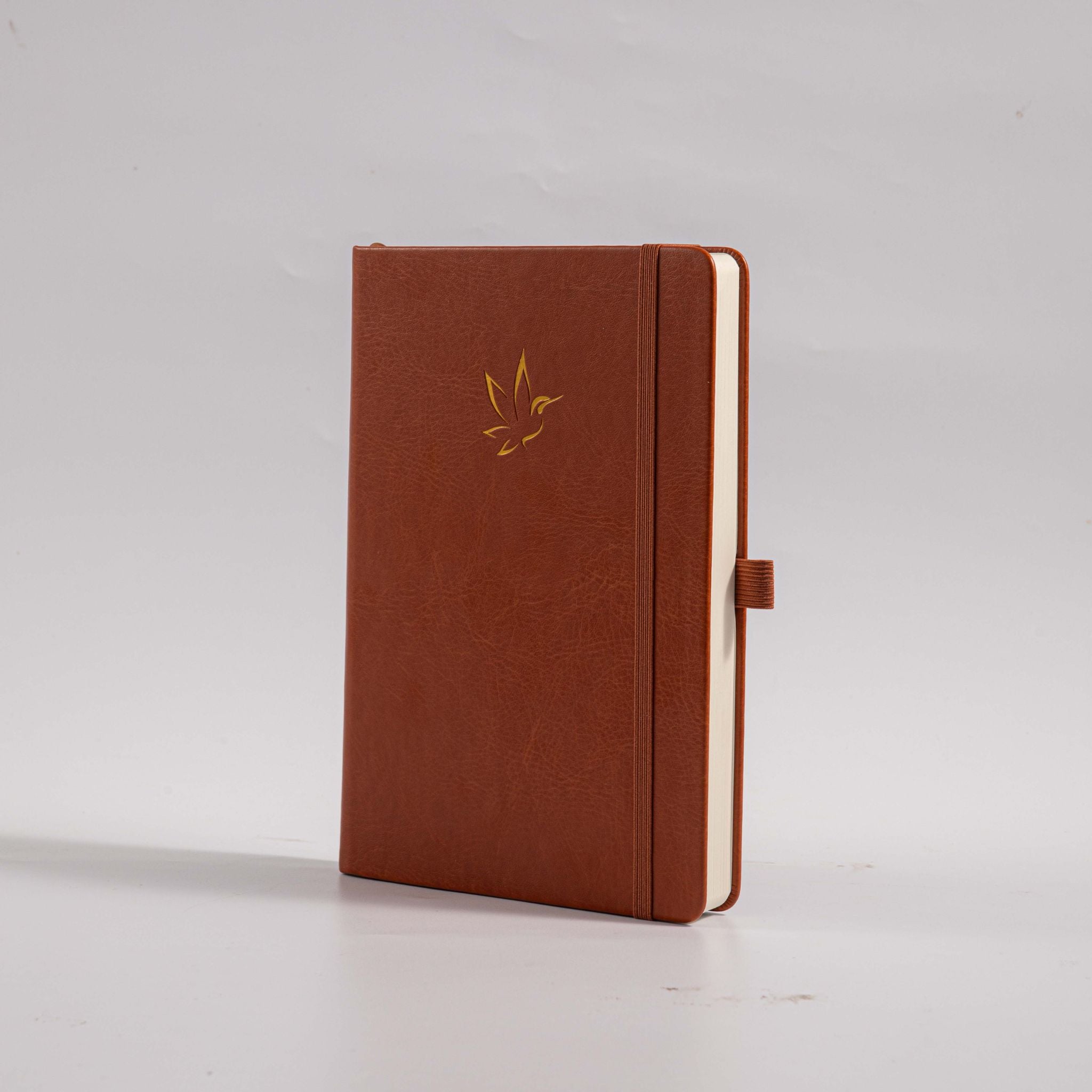 A5 Red Vegan Leather Hummingbird Notebook, White Background Side View with Pen Loop