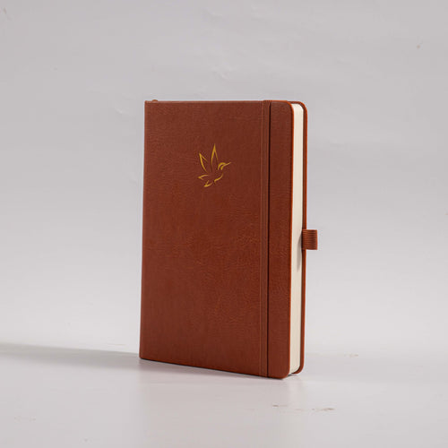 A5 Red Vegan Leather Hummingbird Notebook, White Background Side View with Pen Loop