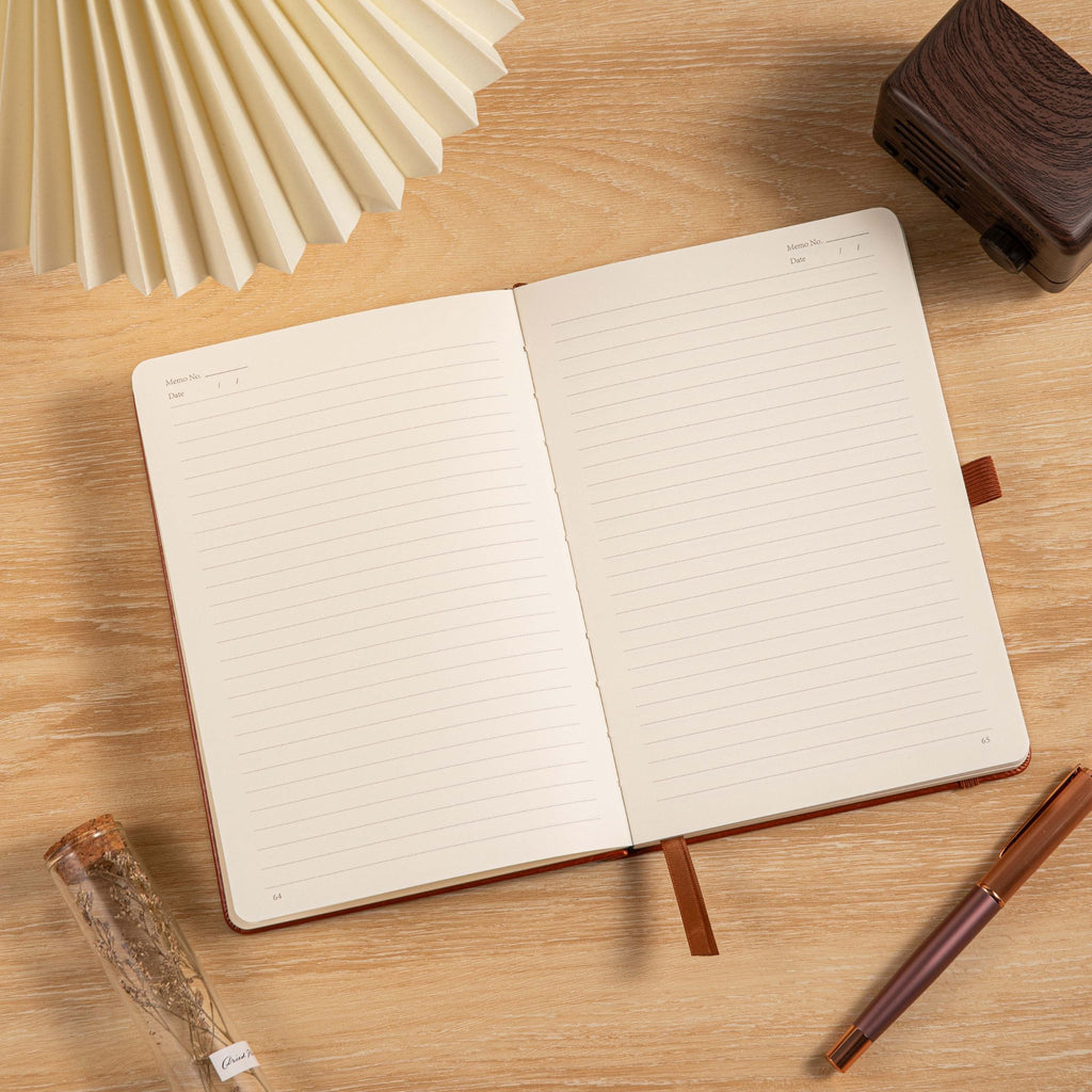 A5 Red Vegan Leather Hummingbird Notebook Open, Numbered Pages with Date Headers and 7mm Ruled Lines