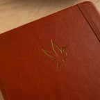 A5 Red Vegan Leather Hummingbird Notebook Close-up, Gold Foil Hummingbird Emboss with Fan