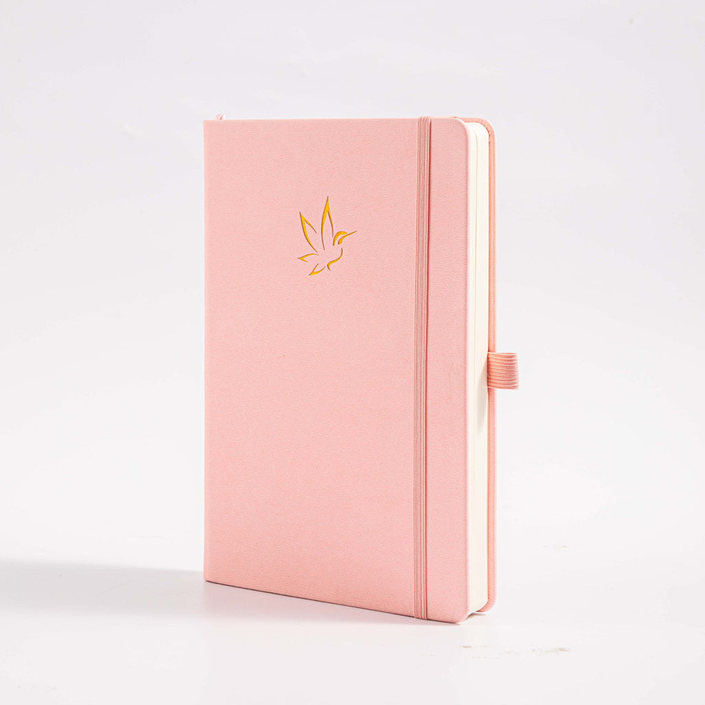 A5 Pink Vegan Leather Hummingbird Notebook, White Background Side View with Pen Loop