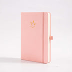 A5 Pink Vegan Leather Hummingbird Notebook, White Background Side View with Pen Loop