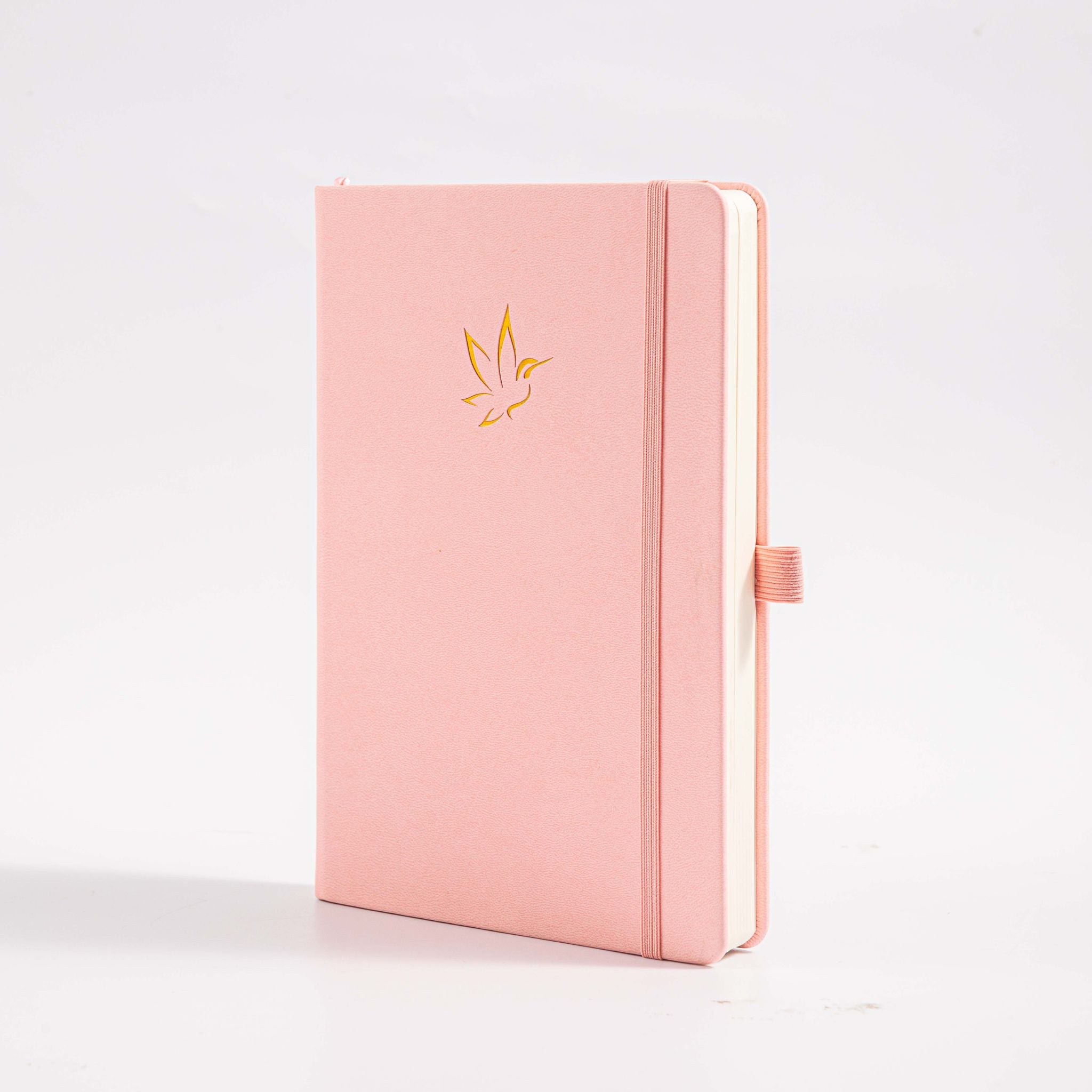 A5 Pink Vegan Leather Hummingbird Notebook, White Background Side View with Pen Loop