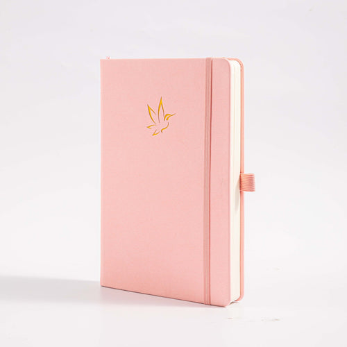 A5 Pink Vegan Leather Hummingbird Notebook, White Background Side View with Pen Loop