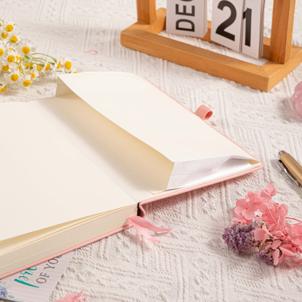 A5 Pink Vegan Leather Hummingbird Notebook Lay-flat, 180 Degree Open Design with Calendar Decor