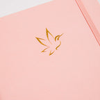 A5 Pink Vegan Leather Hummingbird Notebook Close-up, Gold Foil Hummingbird Emboss