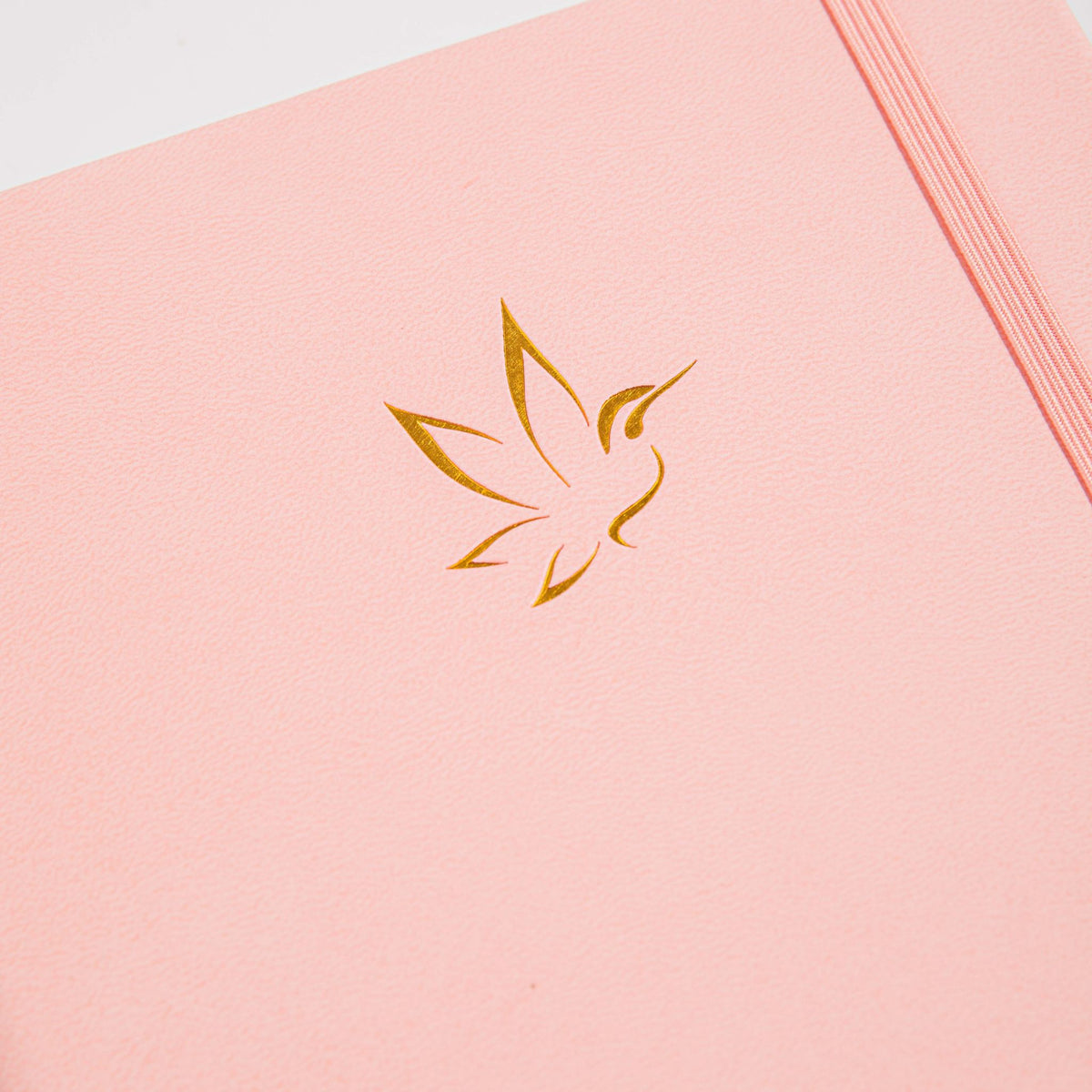 A5 Pink Vegan Leather Hummingbird Notebook Close-up, Gold Foil Hummingbird Emboss