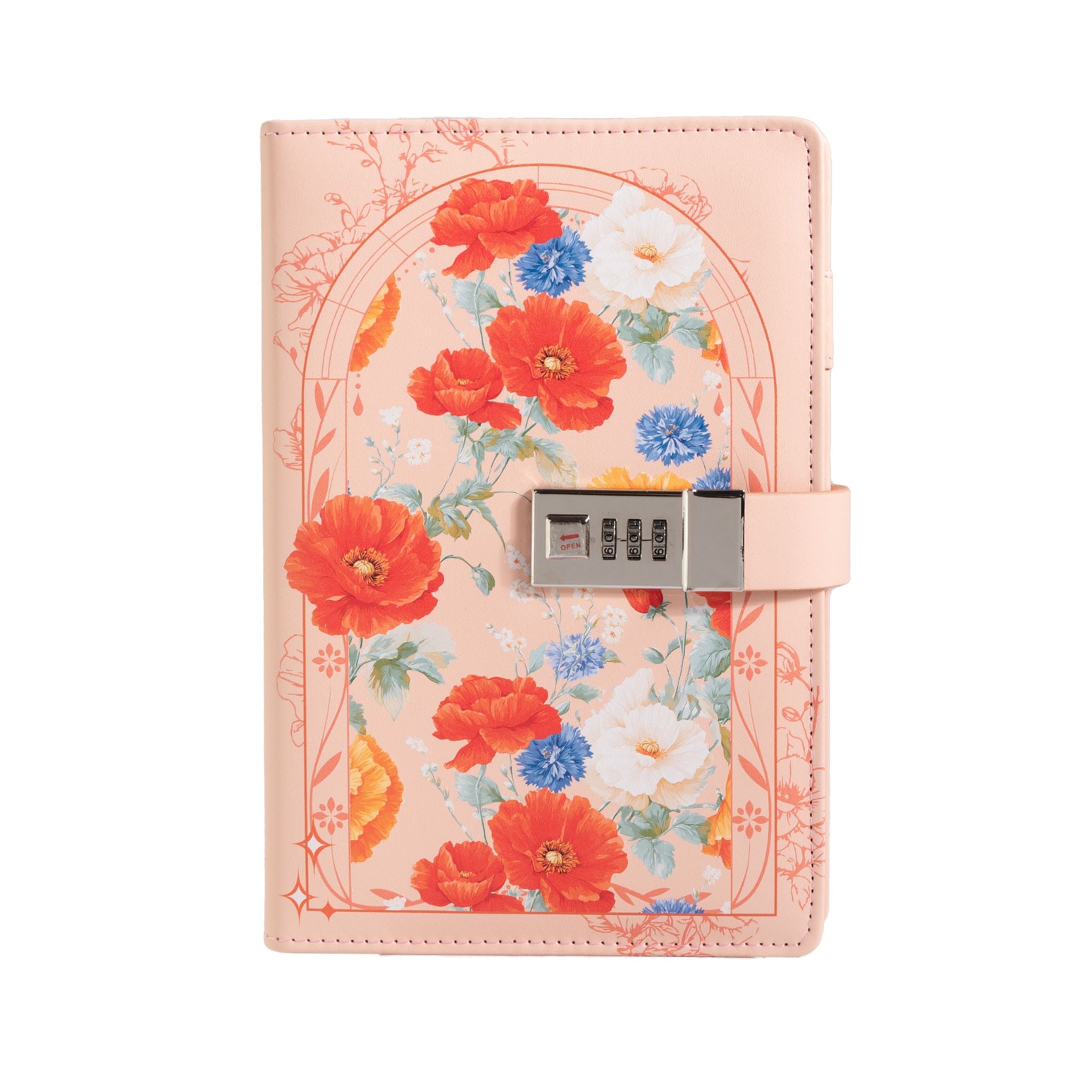 A orange vegan leather notebook with a floral arch design and a 3-digit metal combination lock, standing upright on a white background with a matching peach elastic band.