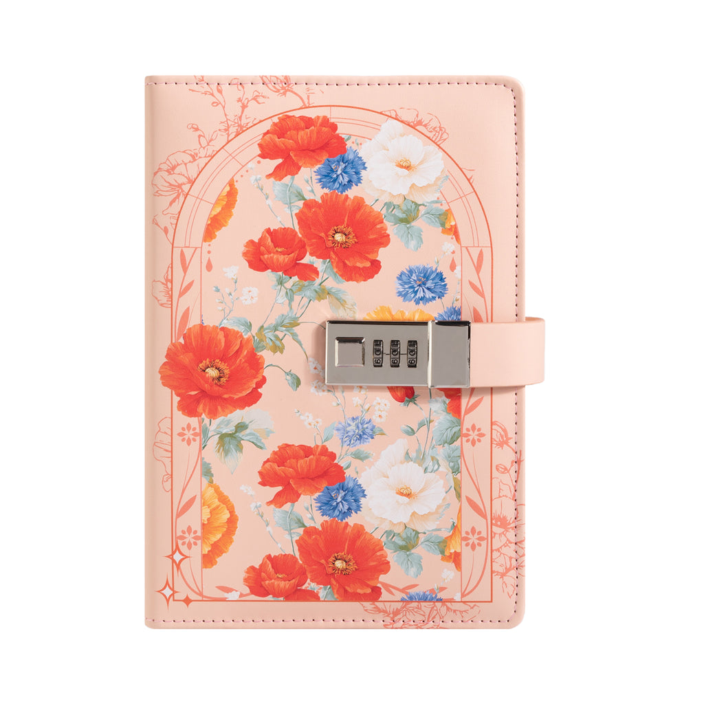 A5 Orange Floral Vegan Leather Lockable Notebook