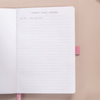 Close-up of the content index page of the pink ditsy floral notebook, showing "CONTENT / INHALT / CONTENU" headers and lined topic sections.