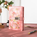 A5 pink floral lockable journal standing upright on a pink desktop, featuring a secure combination lock and rose decor. 